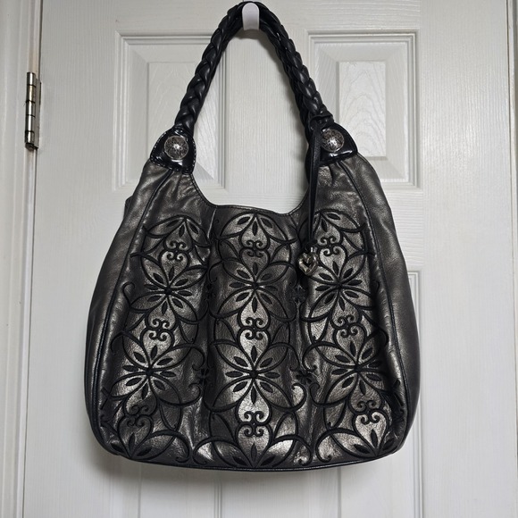 Brighton Handbags - Brighton Florencia Metallic Gray Floral Embroidered Handbag Shoulder Bag Purse